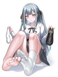 :i :t absurdres ave_mujica_(bang_dream!) bang_dream! bang_dream!_it's_mygo!!!!! barefoot black_ribbon blonde_hair blue_hair blush closed_mouth female foot_fetish hair_ribbon highres long_hair long_legs long_sleeves medium_hair multiple_girls open_mouth pout purple_eyes reiku09 ribbon school_uniform shirt short_sleeves sidelocks simple_background skirt socks soles toes togawa_sakiko two_side_up white_background white_shirt yellow_eyes