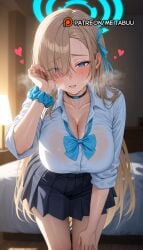 ai_generated aqua_bowtie asuna_(blue_archive) asymmetrical_bangs bed black_choker black_skirt blonde_hair blue_archive blue_bow blue_bowtie blue_eyes blue_halo blue_ribbon blue_scrunchie blush bow bowtie breasts breath choker cleavage collarbone collared_shirt dress_shirt eyes_visible_through_hair female fingernails hair_over_one_eye hair_ribbon halo hand_on_own_thigh hand_up heart heart-shaped_pupils heavy_breathing indoors lamp large_breasts leaning_forward light_brown_hair long_bangs long_hair long_sleeves looking_at_viewer loose_bowtie meitabuu mole mole_on_breast open_collar parted_lips pleated_skirt ribbon school_uniform scrunchie see-through shirt skirt sleeves_rolled_up solo sweat thighs very_long_hair wet wet_clothes wet_shirt white_shirt wrist_scrunchie