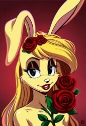 ai_generated female furry jazz_jackrabbit_(series) lori_jackrabbit red_flower red_rose rose self_upload
