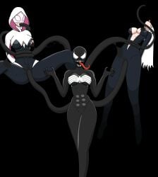 2d 2d_(artwork) 3girls black_cat_(marvel) bound felicia_hardy female gwen_stacy marvel marvel_comics oiledupdegenerate orgasm penetration penetration_through_clothes she-venom skintight slime spider-gwen spider-man_(series) suspended_in_midair symbiote tentacle tongue_out venom venom_(marvel) white_hair