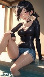 1girls :p ai_generated arm_support ashley_graves bare_legs big_breasts black_choker black_hair black_shirt blue_shorts blush breasts choker cleavage collarbone covered_navel denim denim_shorts female female_only indoors knee_up large_breasts light-skinned_female long_sleeves looking_at_viewer low_ponytail medium_breasts meitabuu mole mole_under_mouth pink_eyes ponytail pool purple_eyes shirt short_hair short_ponytail short_shorts shorts sitting sleeves_past_wrists smile soaking_feet solo taut_clothes taut_shirt the_coffin_of_andy_and_leyley thighs tongue tongue_out water wet wet_clothes
