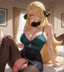 1futa ai_generated artist_name big_breasts blonde_hair breasts cleavage clothed clothing colored cynthia_(pokemon) digital_media_(artwork) from_below front_view futa_only futanari intersex large_breasts long_hair looking_at_viewer naughty_face pantyhose pokemon psyopsai solo solo_focus tight_clothing topless uncensored watermark