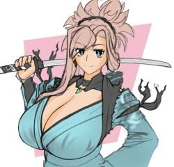 1girls blue_eyes breasts busty cleavage earrings eyebrows_visible_through_hair fate/grand_order fate/samurai_remnant fate_(series) female female_only holding_object holding_weapon huge_breasts japanese_text katana large_breasts light-skinned_female light_skin looking_at_viewer massgrave miyamoto_musashi_(fate) smile solo sword tied_hair white_hair