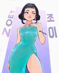 asian attractive black_hair blue_dress brown_eyes covered_nipples cute dark_hair erect_nipples_under_clothes fringe kpop_demon_hunters makeup necklace piercing tied_hair wink zoey_(kpop_demon_hunters)