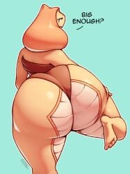 2021 anthro ass barefoot big_butt biped blue_background clothing cobra dialogue digital_media_(artwork) english_text feet female huge_butt kkoart legged_snake rear_view reptile scalie simple_background snake soles solo standing tan_body text thick_thighs toes unnamed_snake_(kkoart)