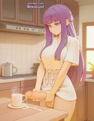 1futa 2025 ai_generated artist_name balls bangs blunt_bangs blush breasts bust chest cock cum cup dick erection fern_(sousou_no_frieren) futanari hi_res high_quality high_resolution highres indoors intersex long_hair mug novalust patreon patreon_username penis purple_eyes purple_hair shirt solo sousou_no_frieren stable_diffusion steam table testicles uncensored watermark