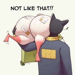 1:1 ambiguous_gender anthro ass avian big_butt bird black_body bottomless carrying_another carrying_partner clothed clothing columbid dove duo english_text exclamation_point female hand_on_butt huge_butt kkoart male musical_note musical_symbol paz_(kkoart) shoulder_carry stamp symbol text white_body