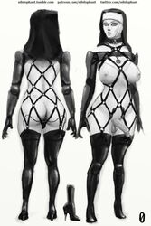 1futa erection full-length_portrait full_length futa_only futanari human human_only intersex light-skinned_futanari light_skin model_sheet monochrome nihilophant nun nun's_habit nun_futa skimpy_clothes slutty_nun solo standing thighhighs