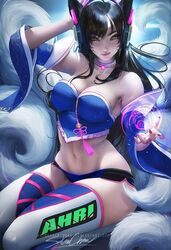 1girls ahri animal_ears artist_name big_breasts black_hair blizzard_entertainment breasts character_name choker cleavage cosplay crossover d.va_(cosplay) detached_sleeves energy_ball facepaint facial_mark female female_only fox_humanoid fox_tail headphones kimono korean_clothes league_of_legends long_hair looking_at_viewer magic midriff multi_tail multiple_tails nail_polish navel nipples overwatch overwatch_2 panties sakimichan short_shorts shorts sitting solo tail thighhighs traditional_clothes underwear wafuku web_address whisker_markings white_fur yellow_eyes