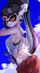 1girls black_bra black_gloves black_sports_bra blush bra bra_peek callie_(splatoon) clouds female gloves holding_object holding_wrench inkling inkling_girl long_hair looking_at_viewer mechanic_(splatoon_raiders)_(cosplay) mole mole_under_eye mugyiiiii_ika nintendo orange_eyes pointy_ears shirt_tied_up sky solo solo_female solo_focus splatoon splatoon_raiders sports_bra sweat sweater_around_waist tank_top tentacle_hair two_tone_hair white_tank_top wrench