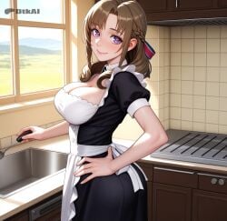 1girls ai_generated big_ass cooking dtkai female from_side hair_ribbon hand_on_own_hip large_breasts looking_at_viewer maid maid_apron maid_uniform oosuki_mamako ribbon smile