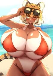 1female 1girls alternate_version_available beach beach_background big_breasts bikini_only blush blush breasts cheering female female_only glasses glasses_on_head holding_sunglasses huge_breasts kemono_friends looking_at_viewer red_bikini siberian_tiger_(kemono_friends) sunglasses sunglasses_on_head tan tan_body tan_skin tanio_(tanio_0114) tanned tanned_body tanned_female tanned_skin tiger tiger_ears tiger_girl tiger_tail yellow_eyes