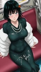 ai_generated black_hair blush breasts closed_mouth coat collarbone covered_navel cum cum_on_body cum_on_clothes dress facial female fubuki_(one-punch_man) fur_coat green_dress green_eyes jacket jewelry large_breasts long_sleeves looking_at_viewer meitabuu necklace one-punch_man pearl_necklace short_hair sitting soaking_feet solo taut_clothes taut_dress tight_clothes tight_dress train_interior trembling white_jacket