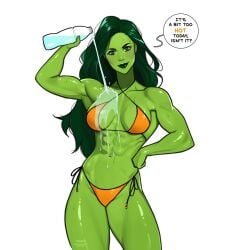 1girls artist_name bikini busty english_text green_eyes green_hair green_skin hulk_(series) jennifer_walters marvel marvel_comics minko muscular muscular_female pouring_water she-hulk speech_bubble water water_bottle white_background yellow_bikini