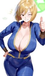 big_breasts big_breasts blonde_female blonde_hair blonde_hair_female blue_jumpsuit breasts breasts cleavage clothed clothed_female fallout female female_focus female_only happy happy_female igiroitsu jumpsuit large_boobs large_breasts light-skinned_female light_skin smile smiling smiling_at_viewer solo solo_female solo_focus vault_girl