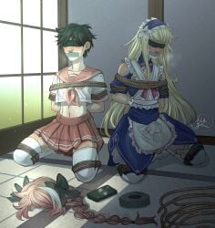 2boys arms_tied arms_tied_behind_back artist_logo astolfo_(fate) astolfo_(fate)_(cosplay) astolfo_(sailor_paladin)_(fate) belly_button black_hair blonde_hair blush blushing_male bondage camera chevalier_d'eon_(fate) commission commission_art commissioner_upload cosplay crossdressing duct_tape embarrassed erection erection_under_clothes fate/grand_order fate_(series) femboy flower_hair_ornament flower_in_hair gagged japanese_room kidnapped kidnapping kneeling lily_(flower) long_hair maid_headdress maid_uniform navel palegloss pink_hair rope rope_bondage sailor_uniform short_hair skirt steam steamy_breath tape tape_gag taped_mouth thigh_highs thighhighs thighs wig wig_falling_off