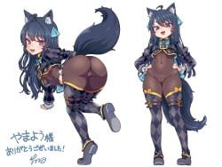 ahoge animal_ear_fluff animal_ears argyle_clothes argyle_thighhighs ass belt black_hair blush bodysuit breasts brown_bodysuit commission covered_navel covered_pussy cropped_jacket eyebrows_hidden_by_hair female from_behind full_body grey_shoes grey_thighhighs groin hair_between_eyes hands_on_own_hips long_hair looking_at_viewer looking_back medium_breasts multiple_views nail_polish negationtenmaru oerba_yun_fang open_mouth original pink_eyes shoes simple_background skin_fang skin_tight smile svartlilja_(vrchat) tail thighhighs tiptoes underboob white_background wolf_ears wolf_girl wolf_tail