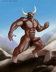 abs anthro balls barazoku bovid bovine brown_balls brown_body cattle day erection front_view genitals grey_eyes grin hi_res horn humanoid_genitalia humanoid_penis looking_at_viewer male male_anthro mammal muscular muscular_anthro muscular_male nude outside pecs penis pubes satanic_monkey smile solo standing
