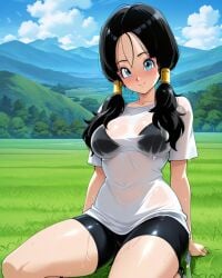 2025 ai_generated anime bikini_under_clothes black_bikini black_eyebrows black_hair_female black_long_hair black_shorts blue_eyes_female closed_mouth closed_mouth_smile crunchyroll dragon_ball golden_hairwear hands_on_ground instagram looking_at_viewer manga meta mouth_closed park_background red_cheeks sitting_on_grass smile_at_viewer smiling_at_viewer toei_animation unknown_artist videl_(long_hair) wet_body wet_clothes wet_shirt wet_shorts wet_skin white_shirt