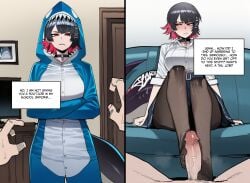 1boy black_hair catsrvng choker couch ellen_joe english_text female footjob from_below indoors leggings pajamas penis pov red_eyes red_hair school_uniform shark_girl shark_tail shirt skirt text text_box zenless_zone_zero