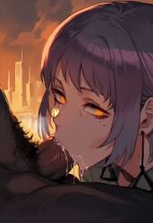 1girls ai_generated blowjob chainsaw_man dark-skinned_male death_devil demon demon_girl devil devil_girl emotionless female general_gooner interracial light-skinned_female ringed_eyes spiral_eyes straight tagme