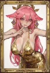 ai_generated armpits ass bare_shoulders bent_over big_breasts blush cleavage closed_mouth collarbone covered_nipples dress earring eyelashes female female female_focus female_only framed_picture genshin_impact glasscheesecake gold_jewelry golden_accessories hair_accessory hair_between_eyes hair_ornament hand_on_ass index_finger_raised long_hair long_hair_female looking_at_viewer mascara nipple_bulge nipples patreon patreon_username pink_eyebrows pink_hair pointing_at_mouth pointing_at_self purple_eyes sideboob small_waist smile solo standing thighs watermark yae_miko young young_girl