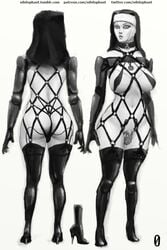 1futa chastity chastity_cage chastity_device full-length_portrait full_length futa_chastity futa_only futanari human human_only intersex light-skinned_futanari light_skin model_sheet monochrome nihilophant nun nun_futa skimpy_clothes slutty_nun solo standing