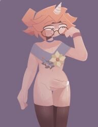 1boy black_thighhighs bottomless feminine_male male orange_hair penis pleasure_face precum soft standing thigh_highs thighhighs