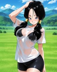 2025 ai_generated anime bikini_under_clothes black_bikini black_eyebrows black_hair_female black_long_hair blue_eyes_female crunchyroll dragon_ball golden_hairwear grinning_at_viewer hand_on_back hand_on_hair instagram looking_at_viewer manga meta park_background smile_at_viewer smiling_at_viewer toei_animation unknown_artist videl_(long_hair) wet_body wet_clothes wet_shirt wet_skin white_shirt