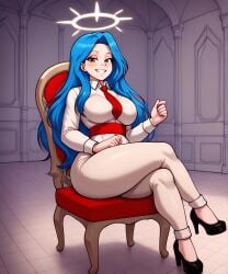 ai ai_generated bedroom blue_eyes blue_hair civitai crossed_legs curvaceous curvy curvy_female curvy_figure eteeming female female_only genderswap_(mtf) halo lamp palace robe rule_63 scp-3221 scp_foundation sitting_on_chair solo thicc yellow_eyes