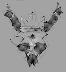 blindfold blindfold_slip bondage gag gagged gray_background hands_up minty_(objectified) objectified_(webcomic) penis ring_gag scared shaking struggling tail tape tape_bondage teeth tentacle_dick tied_arms tied_legs tied_up tongue trembling