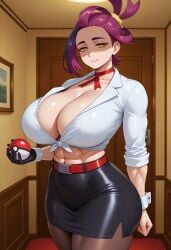 1girls abs ai_generated big_breasts black breasts cleavage female high_res holding_object holding_pokeball inside kieran_(pokemon) large_breasts light light-skinned_female light_skin midriff pokeball pokemon pokemon_(franchise) pokemon_(series) pokemon_sv purple_hair rule_63 short_hair skirt smile solo toned white_shirt yellow_eyes