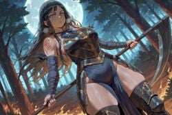 1girls ai_generated armored_boots black_hair blue_eyes bowtie breastplate castlevania castlevania:_order_of_ecclesia civitai dug-lith-pls feathers female female_focus female_only forest forest_background loincloth long_hair medium_breasts scythe shanoa solo solo_female solo_focus tagme tattooed_arm tattooed_back tattooed_female thick_thighs