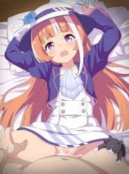 1boy absurdres akikawa_yayoi_(umamusume) animal blue_eyes censored clothed_female_nude_male cum cum_in_pussy cum_overflow eufoniuz feline female hand_fan hat highres holding holding_fan long_hair long_sleeves looking_at_viewer missionary mosaic_censoring multicolored_hair nude open_mouth orange_hair pov sex skirt straight streaked_hair tears umamusume white_hair white_hat white_skirt