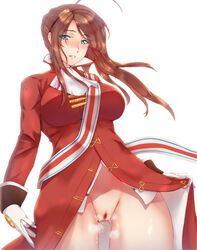 1girls ahoge ass_visible_through_thighs brown_hair censored cowboy_shot female female_only from_below girls'_frontline gloves lee-enfield_(girls_frontline) long_hair no_panties parted_lips presenting pubic_hair pussy pussy_juice red_coat simple_background uniform white_background wind yui.h