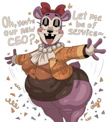 1girls 2_teeth 4_fingers anthro anthro_female anthro_only anthrofied arms_out arms_outstretched bear big_thighs bow bow_on_head clothed clothes clothing confetti dialogue digital_drawing_(artwork) digital_media_(artwork) english english_dialogue female female_only first_porn_of_character five_nights_at_freddy's five_nights_at_freddy's:_secret_of_the_mimic fnaf furry furry_female furry_only head_bow jacket jacket_open kryadrawgin large_thighs lidded_eyes lipstick looking_at_viewer looking_at_you magenta_body movement_lines mrs.helpful_(fnaf) no-human no_human no_humans no_visible_genitalia only_female open_jacket open_mouth outspread_arms pearl_necklace pearls plain_background png purple_body purple_fur questionable red_bow safe safe_for_work sfw shaded shading shirt short_skirt simple_background skirt slightly_chubby slightly_chubby_anthro slightly_chubby_female small_shirt solo solo_anthro solo_female solo_furry standing tail talking_to_viewer thick_thighs ursid ursine white_background