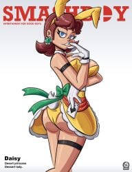 ace_of_spades artist_logo ass back_view big_breasts blue_eyes brown_hair bunny_ears bunny_girl busty earrings light-skinned_female light_skin magazine_cover mario_(series) nanus2 nintendo playboy_bunny playboy_magazine_cover playing_card princess_daisy