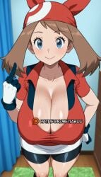 ai_generated alternate_breast_size bandana bike_shorts bike_shorts_under_skirt black_shorts blue_eyes blurry_background breasts brown_hair cleavage closed_mouth collarbone curtains female gloves hand_on_own_hip huge_breasts indoors kasumi_(pokemon) looking_at_viewer may_(pokemon) meitabuu middle_finger mole mole_on_breast pokemon pokemon_(species) pokemon_rgby pok�mon_(species) red_bandana red_shirt shirt short_sleeves shorts skirt smile solo standing two-tone_gloves veins veiny_breasts white_gloves white_skirt
