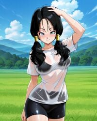 2025 ai_generated anime bikini_under_clothes black_bikini black_eyebrows black_hair_female black_long_hair black_shorts blue_eyes_female closed_mouth crunchyroll dragon_ball instagram manga meta mouth_closed park_background red_cheeks toei_animation unknown_artist videl_(long_hair) wet_body wet_clothes wet_shirt wet_skin white_shirt