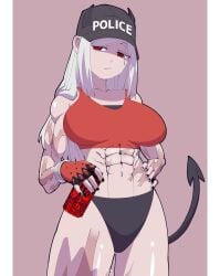 1girls abs baseball_cap big_breasts bikini_bottom black_bikini_bottom bottomwear breasts burn_scar cap choker demon demon_girl demon_horns demon_tail drink_can eyewear female female_focus fingerless_glove glove hair hanztakeshir18_(artist) hat headwear helltaker helltaker_(style) helltaker_oc horns huge_breasts long_hair looking_at_viewer monster_energy monster_energy_drink muscles muscular muscular_female neckwear oc on_side original original_character police_cap police_hat red_eyes regetta_(hanztakeshir18) scar scars_all_over silver_hair sunglasses sweat sweatdrop tagme tail thigh_strap tinted_eyewear tomboy topwear water white_hair