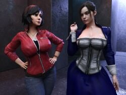 2girls 3d bioshock bioshock_infinite blue_eyes brown_hair busty claire_redfield crossover elizabeth_comstock female female_focus female_only hourglass_figure resident_evil resident_evil_2 tekonsfw wide_hips