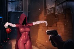 1girls arms_up athletic athletic_female big_breasts blood blood_stain cape city city_background cityscape covered_face female game_cg gun hero hood hoodup hooligapps lustcase mask night pussy_peek rain raining red_clothing scratches skinny skintight skintight_bodysuit t-pose tight_clothing v2.lustcase weapon wounded