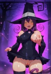 1girls ai_assisted ai_generated big_breasts black_thighhighs blair_(soul_eater) breast_grab breasts dress dress_lift female female_only grabbing grabbing_breasts grabbing_own_breast hat huge_breasts large_breasts lifted_by_self lipstick nipple_bulge nipples no_panties one_breast_out open_mouth presenting_pussy purple_hair pussy pussy_juice saliva saliva_trail solo soul_eater tentacle tentacle_around_leg thighhighs tongue witch witch_hat yellow_eyes
