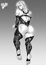 1girls absurd_res armwear ass back back_view bangs bare_shoulders big_ass black_and_white clothing commission curvy eyelashes female female_focus female_only fingerless_gloves from_behind full_body gloves gradient_background hair_between_eyes hips human lace large_ass legwear lingerie lingerie_only lips lipstick long_hair looking_at_viewer looking_back makeup monochrome muscular muscular_female nail_polish original_character parted_lips pinup revealing_clothes skimpy solo solo_female stockings the_manga_professor thick_lips thick_thighs thighhighs thighs thong toeless_legwear watermark wide_hips