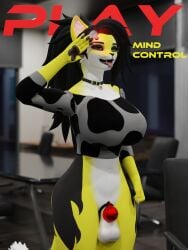 3:4 3d_(artwork) absurd_res anthro balls big_breasts blender_cycles bottomless breasts chastity_cage chastity_device clawe clothed clothing collar depth_of_field digital_media_(artwork) domestic_cat drone english_text eye_roll felid feline felis futanari genitals gesture haolde hi_res huge_breasts intersex looking_up mammal mind_control office open_mouth salute solo text tongue tongue_out