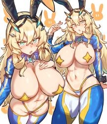 abs barghest_(gawain)_(fate) blush bunny_costume bunny_ears bunny_girl bunnysuit covered_nipples fate/grand_order fate_(series) hand_on_breast huge_breasts long_hair looking_at_viewer micro_panties muscular_female radishkek reverse_bunnysuit skimpy_clothes thick_thighs thighhighs