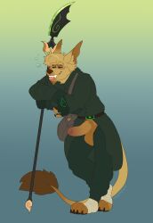 absurd_res anthro balls blue_background blush bottomwear bubble canid canine claws clothing coat drunk drunk_bubble fingerless_gloves genitals gloves green_background handwear hi_res humanoid_genitalia humanoid_penis male mammal pants paws penis simple_background sinisterheaven solo standing substance_intoxication tail tail_tuft tipsy toe_claws tongue tongue_out topwear trenchcoat tuft weapon