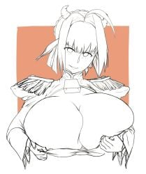 1girls ahoge braid breast_hold breasts bursting_breasts cleavage cleavage_cutout cow_ears cow_horns crown_braid dress eyebrows_visible_through_hair fate/extra fate_(series) female female_only hair_intakes huge_breasts looking_at_viewer massgrave nero_claudius_(fate) short_hair smile solo wide_sleeves