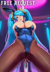 ai_generated blue_lipstick dm4freeairequests from_below huge_breasts league_of_legends looking_down playboy_bunny pole pole_dancing sona_buvelle twintails