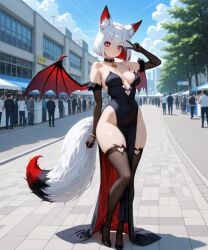 ai_generated animal_ear_fluff animal_ears animal_tail bangs bare_shoulders black_choker black_collar black_dress black_footwear black_gloves black_legwear black_thighhighs blue_sky blush breasts bright_pupils buccha building choker cleavage clothing cloud collar covered_navel crowd day dress elbow_gloves female female footwear fox_ears fox_girl fox_tail fur_trim gloves heart high_heels jewelry large_breasts legwear looking_at_viewer medium_breasts multicolored_hair navel original outdoors pelvic_curtain people red_eyes red_hair shoes short_hair side_slit sky sleeveless smile solo_focus standing strapless symbol-shaped_pupils tail thighhighs thighs tree v white_hair white_pupils wings